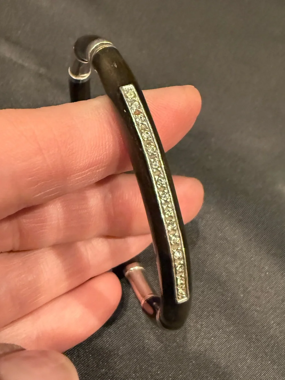 Vintage Style Dark Gray Resin Silver Crystal Inlay Open Bangle Bracelet